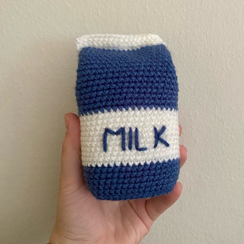 Blue and White Crochet Milk Carton Toy